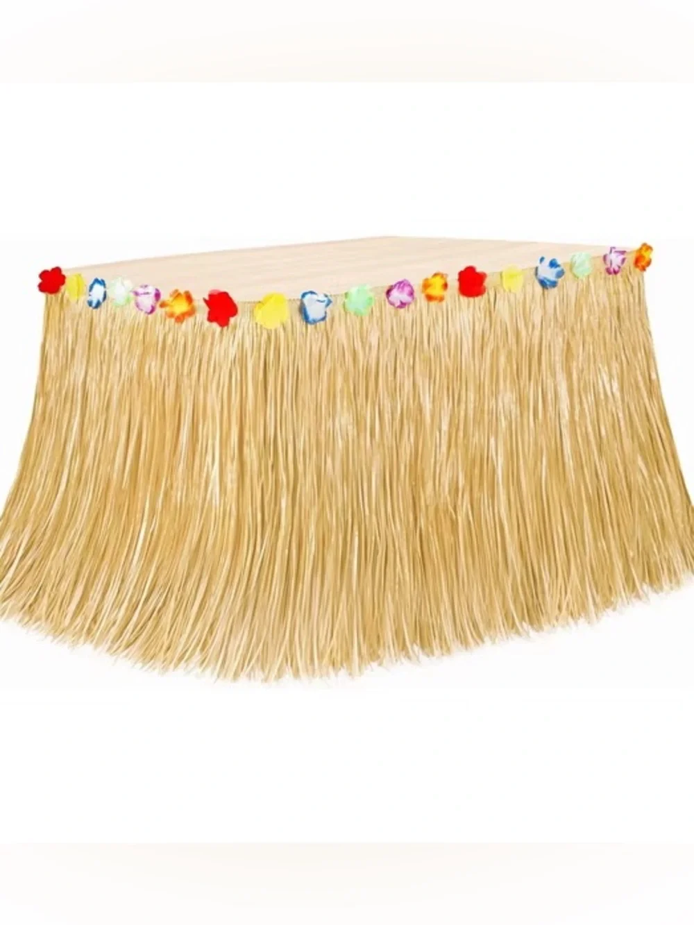 New Tiki Grass Table Skirt with Multicolor Flower Trim - Natural 108”